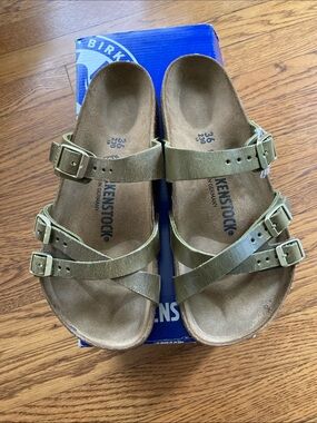 Birkenstock NIB Franca Olive Green Oiled Leather Sandals with Gold Buckles